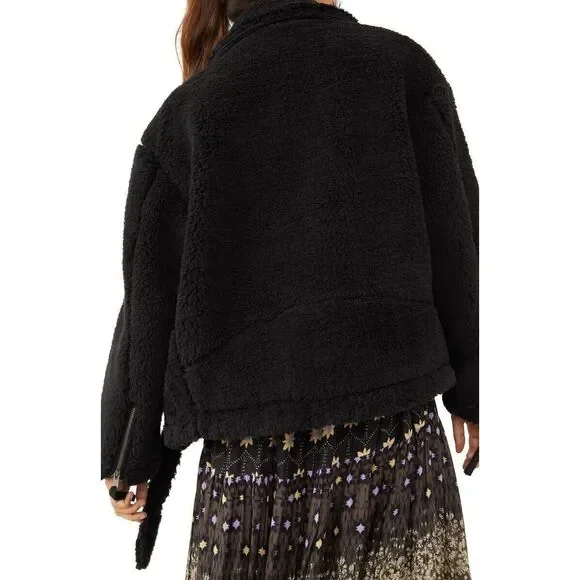 Free People Women's Black Faux Fur Full Zip Cozy Slouchy Moto Jacket Size XL - Picture 2 of 15